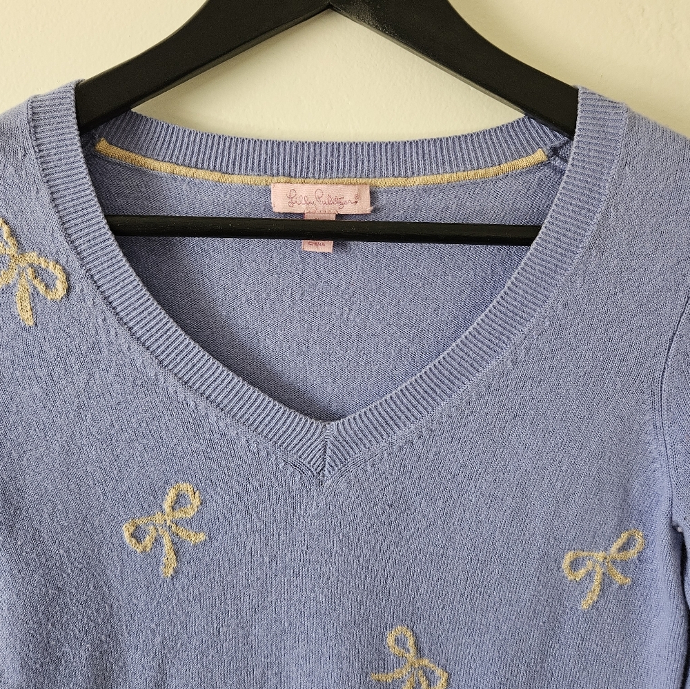 Chic Blue Sweater with Bow Lilly Pulitzer Ana Light Iris Gold Bow Sweater - Picture 3 of 4